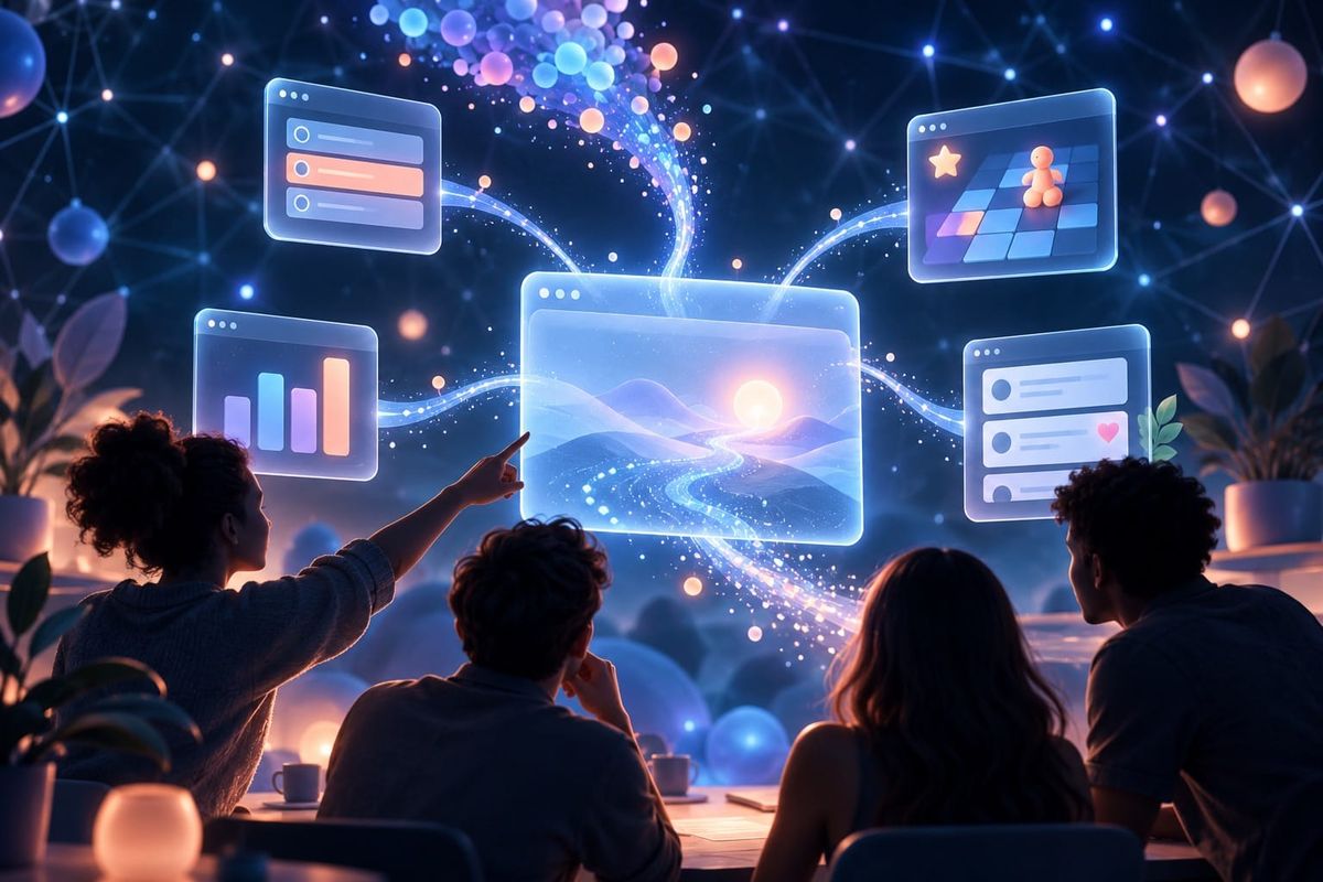 Bluesky Attie AI social sites shown as an unbranded workspace branching into a quiz, game, poll and community board