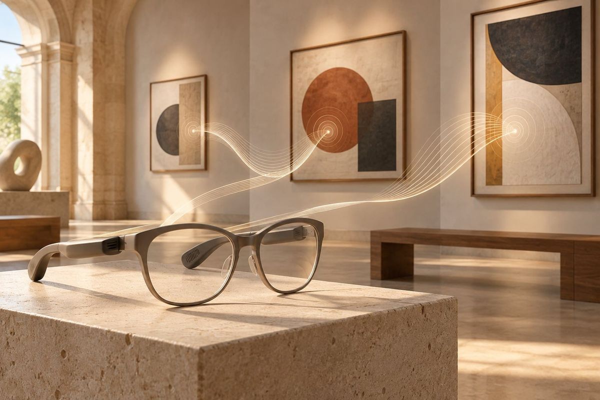 Brera Sensing Art: occhiali con altoparlanti e onde audio davanti a cornici in una galleria immaginaria, senza riprodurre le opere del museo
