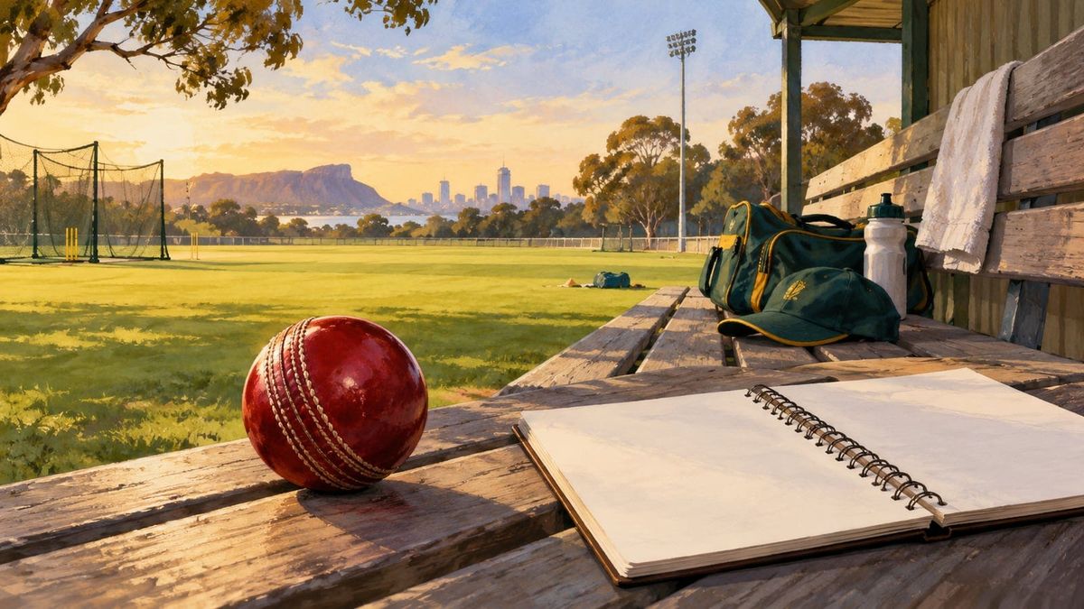 A Cameron Green first-Test availability briefing workspace with generic cricket gear and a blank selection notebook beside a ground