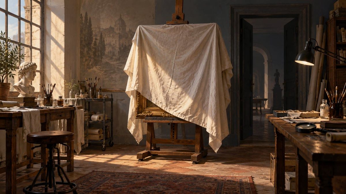 Uno studio per la scheda trailer di ChiaroScuro con un dipinto coperto, una film camera e un taccuino aperto