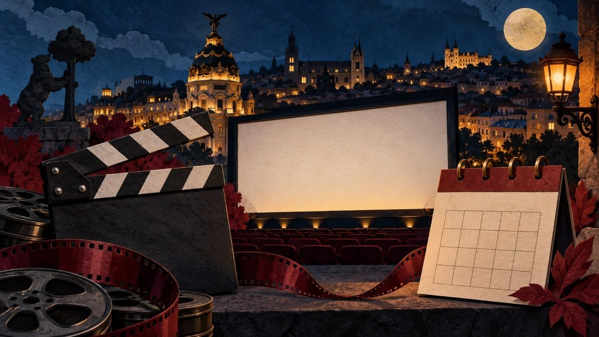 Claqueta, pantalla de tráiler y tarjeta de calendario ante un Madrid ilustrado de noche, para Colisión en Netflix y su fecha de estreno.
