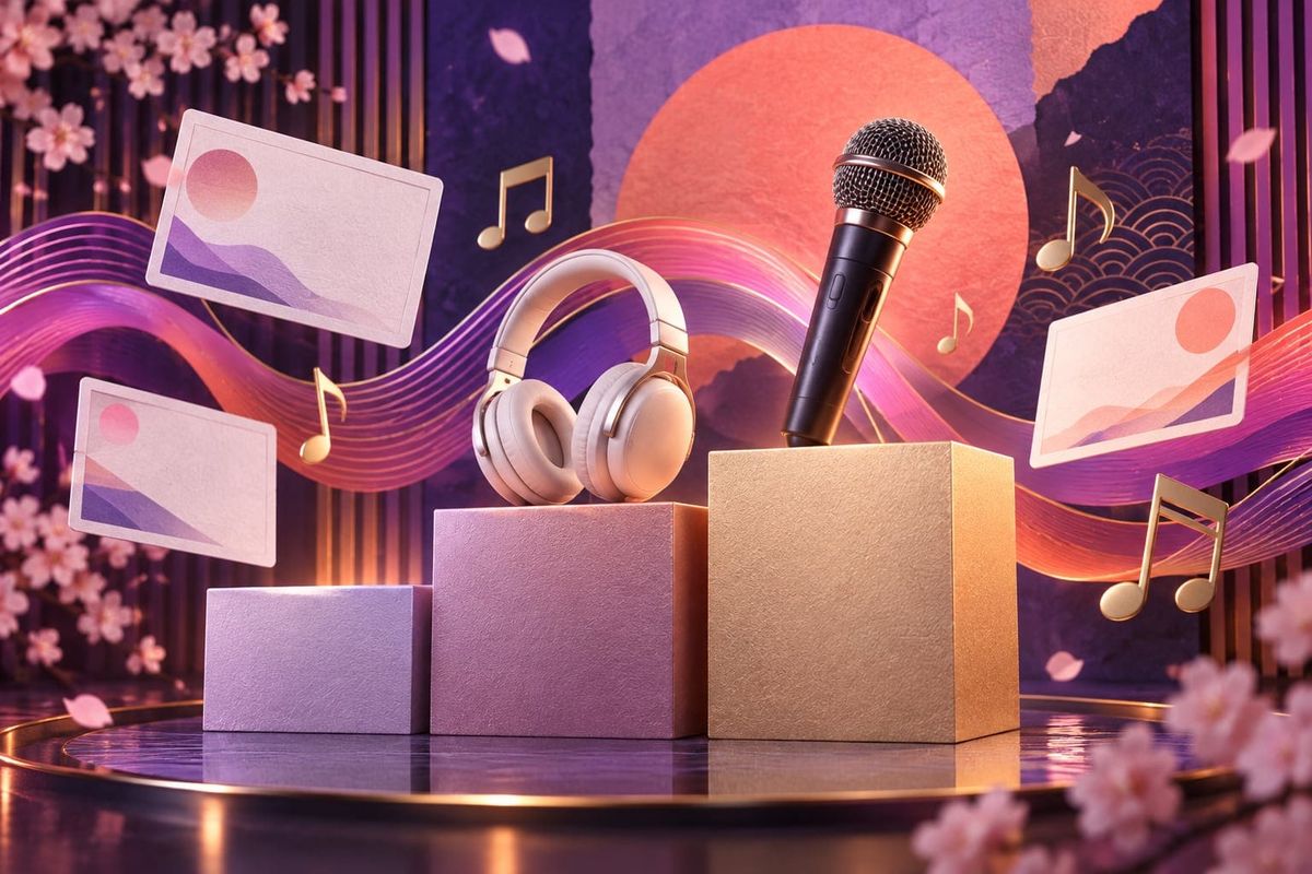 DAM夏アニメ主題歌ランキング2026を象徴するマイクとヘッドホン、数字のない三段の台を描いた編集用イラスト