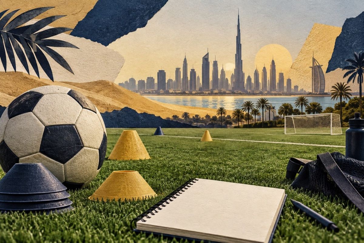 Fußball, Trainingshütchen und ein Notizbuch vor einer illustrierten Dubai-Skyline, redaktionelles Motiv zur neuen FC Bayern Akademie.