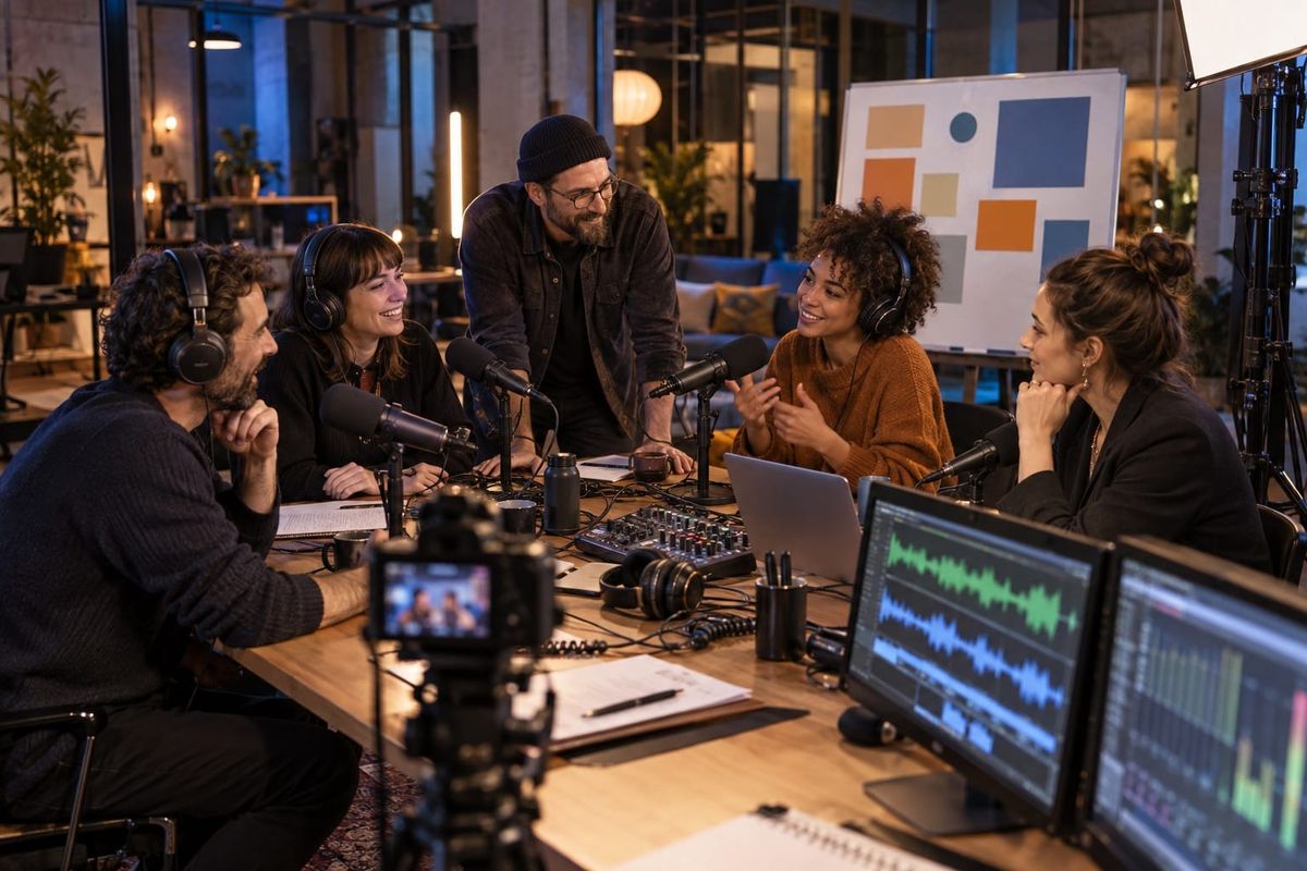 Creator e professionisti collaborano in uno studio podcast con microfoni, videocamera e monitor audio