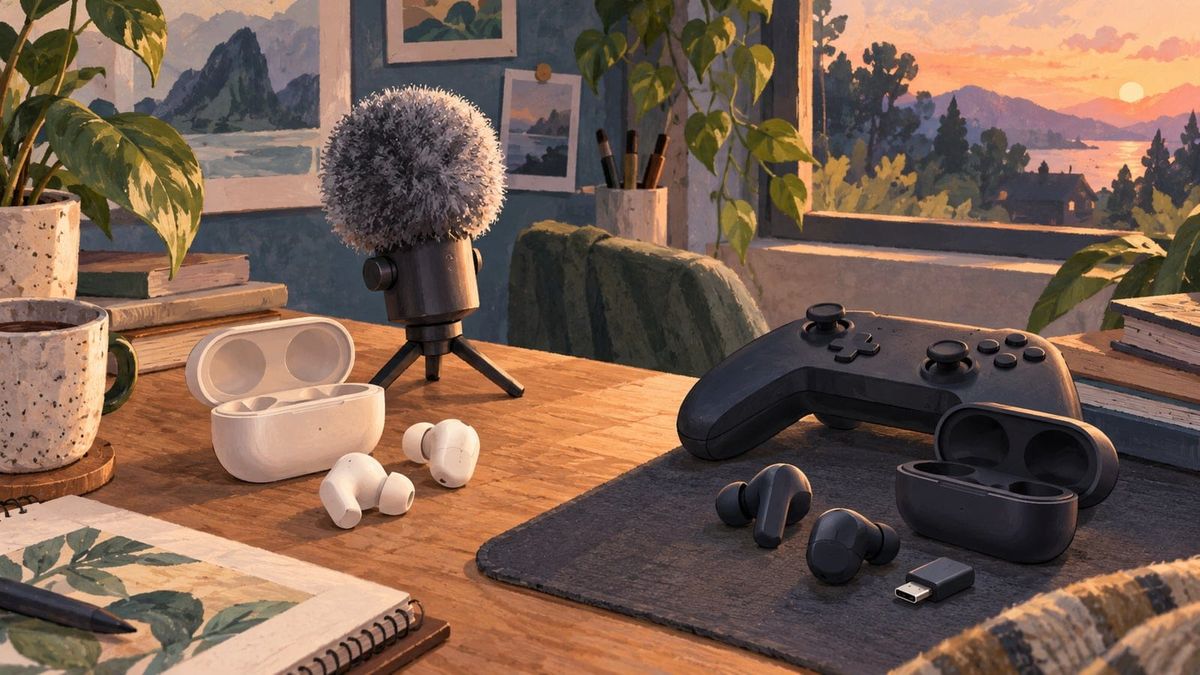 finalのASMRとゲーム用イヤホンの比較を表す、マイク、ゲームコントローラー、イヤホンとUSB-C端末を置いた机。