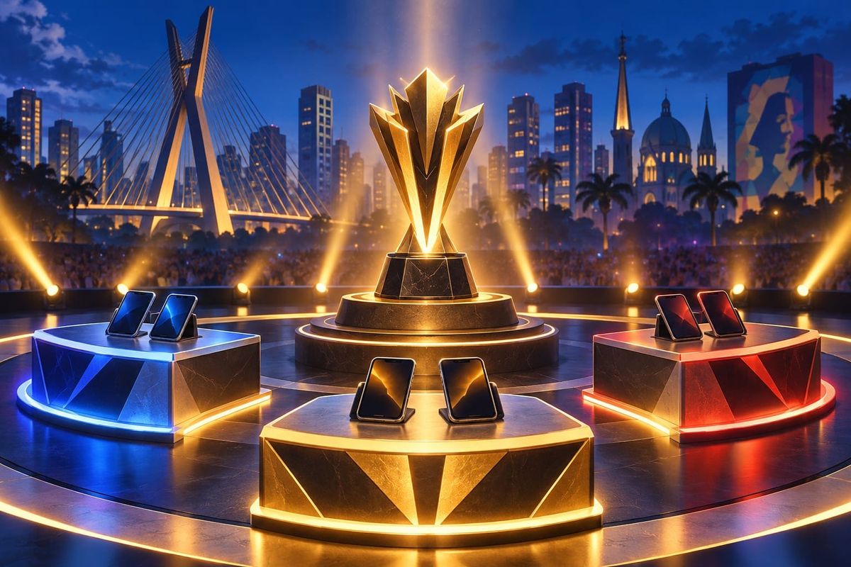 Galaxy Arena e Clash Royale: três estações com pares de smartphones e um troféu em São Paulo, ilustração simbólica sem cenário oficial
