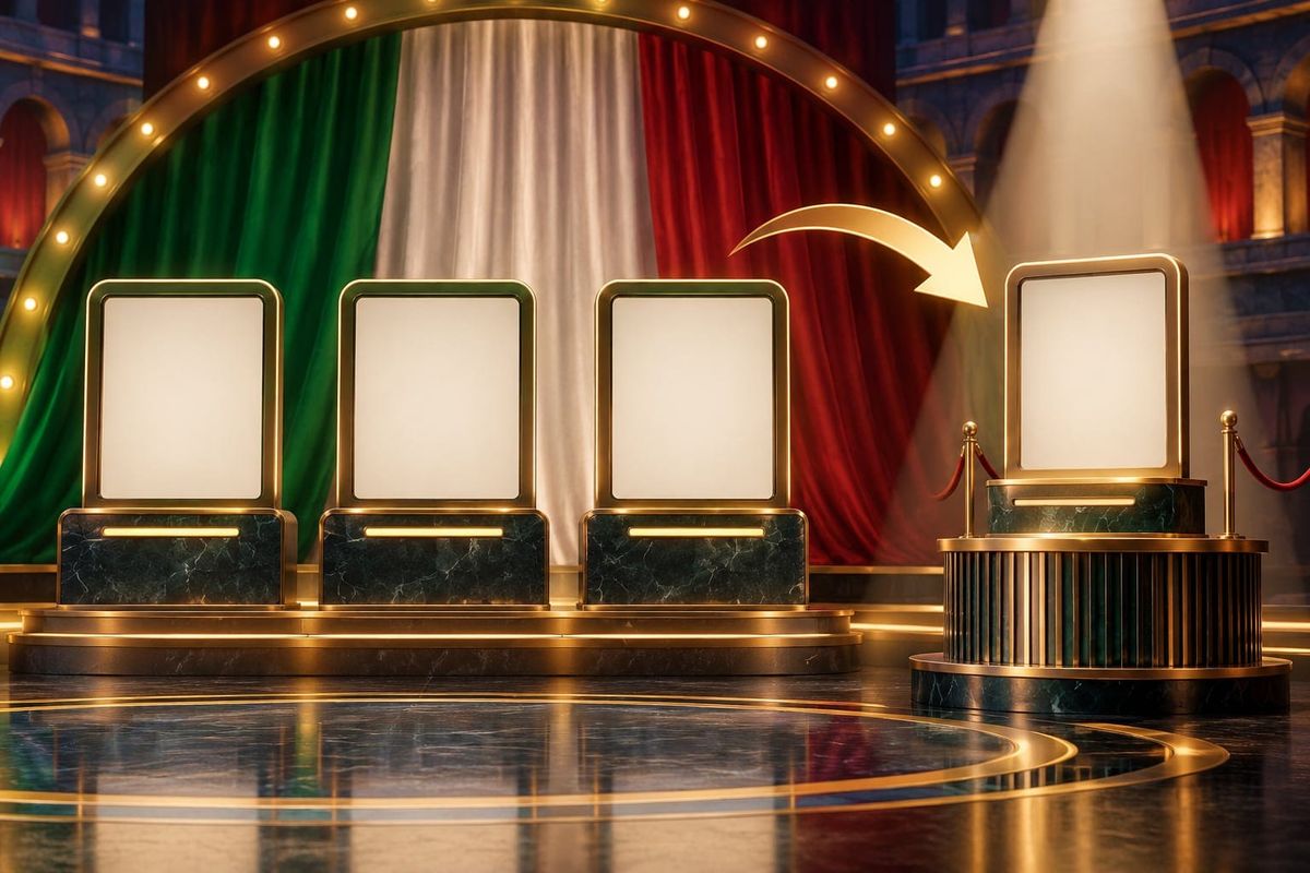 Illustrazione del televoto GF Vip con tre schede vuote su un palco e una scheda separata in attesa, senza persone o loghi