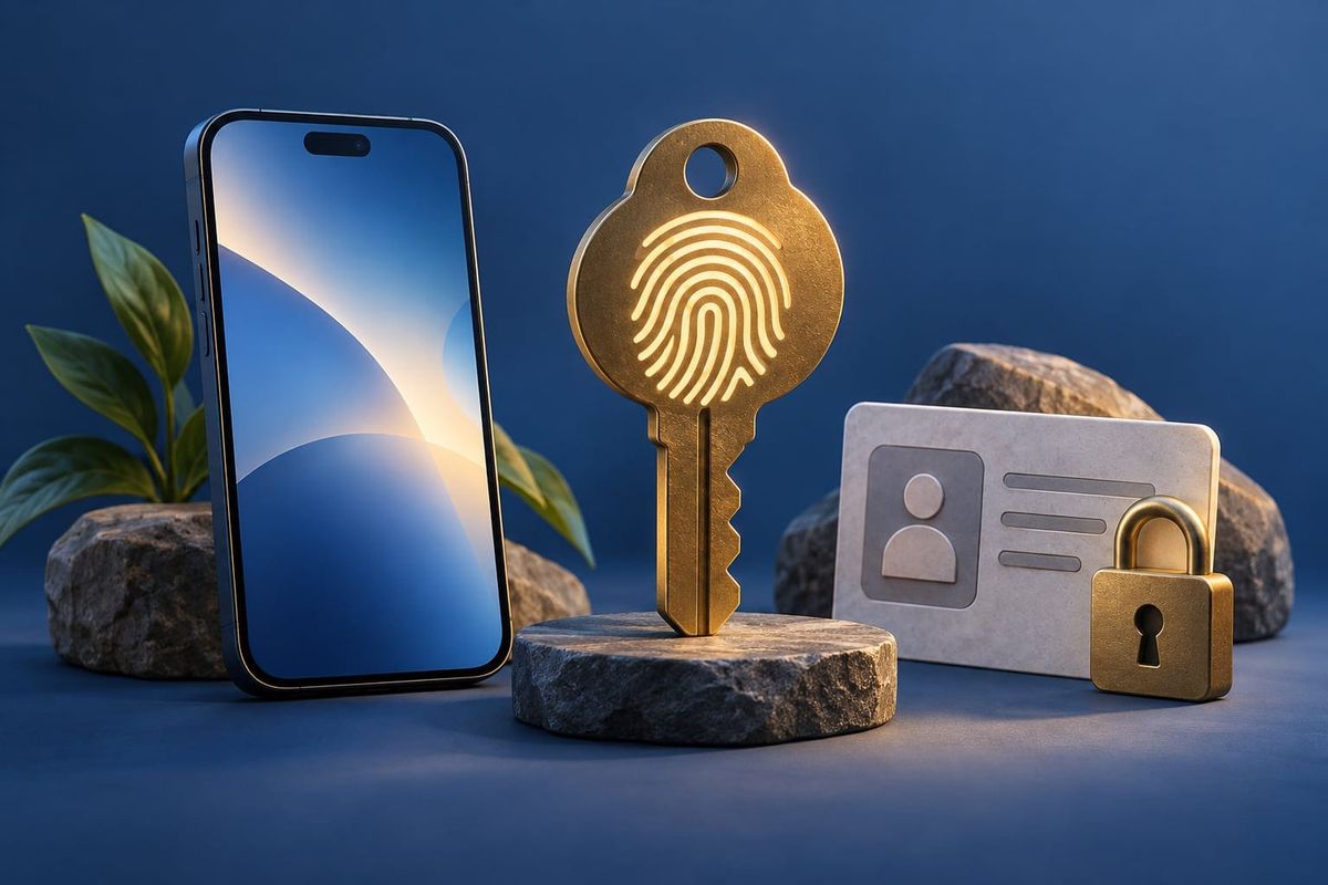 Editorial illustration of Google passkeys with a phone, key-shaped biometric symbol and separate locked identity card, without real personal data