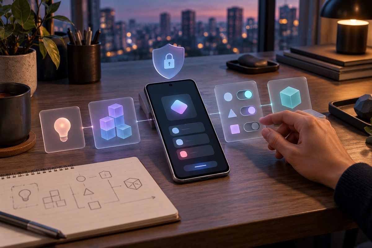 Google Play AI Studio 개인 앱을 상징하는 스마트폰, 모듈 블록, 권한 토글과 개인정보 보호 점검 장면