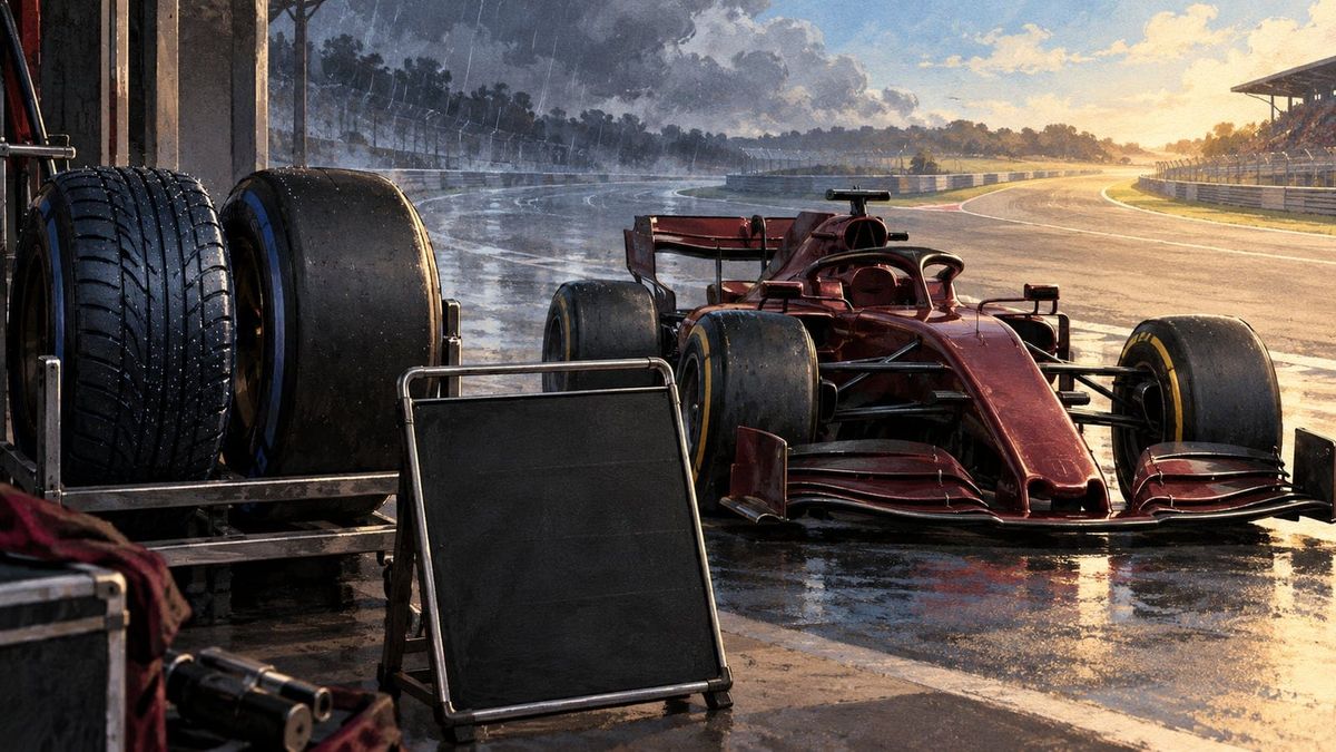 Burgundy racing car, tyres and a blank strategy board beside a wet track, illustrating Hamilton’s Sepang podium comeback.