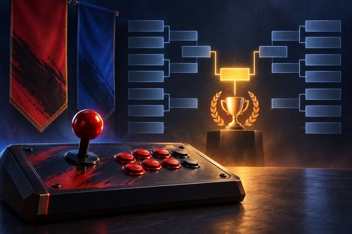 ひぐちCAPCOM CUP13出場の説明用に机上のアーケードコントローラー、空白トーナメント画面と進出ノード