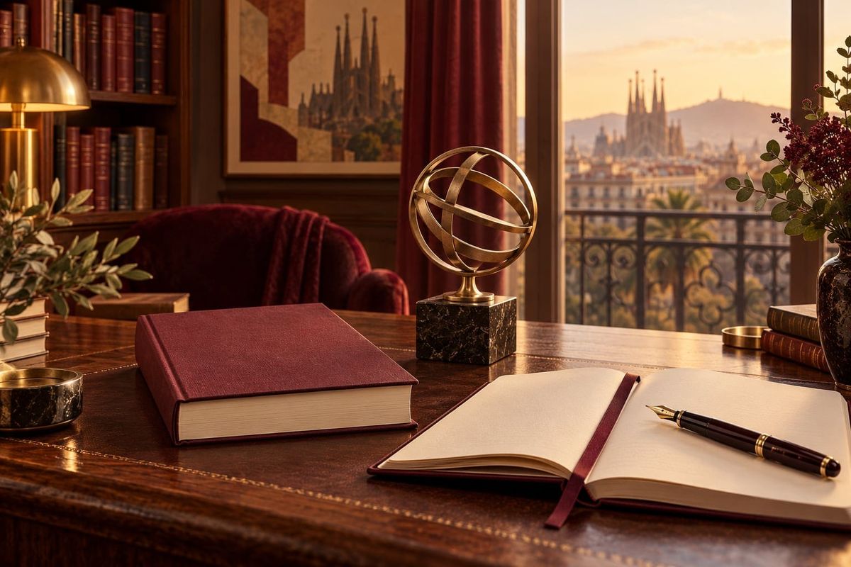 Isabel Allende y el Premio Planeta 2026 representados por un libro sin título, un trofeo simbólico, un cuaderno y una pluma sobre una mesa de lectura