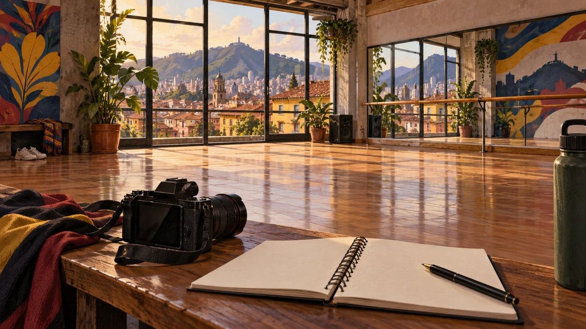 Un studio de danza inspirado en Bogotá para K-Connection con espejos, cámara y cuaderno de reflexión junto a telas