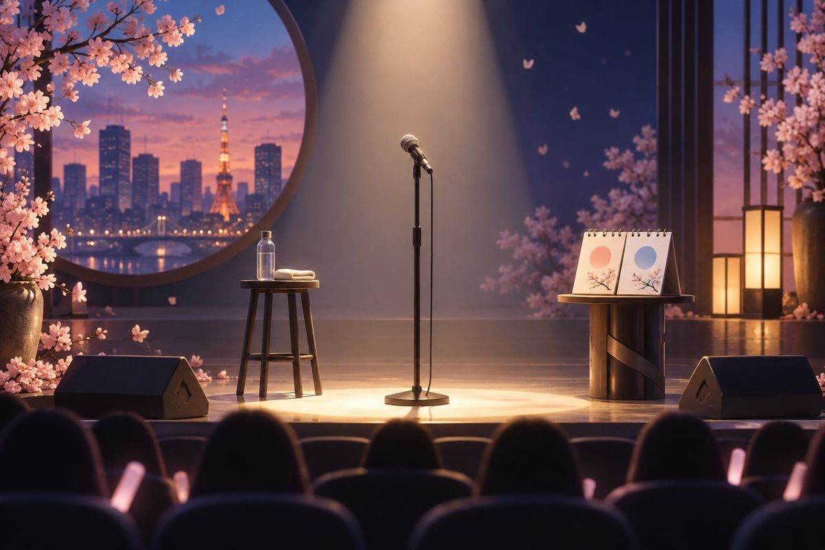 キム・ヨングァン東京公演の撮影スタジオ風イラストに空のマイク、舞台照明と無地の予定カード