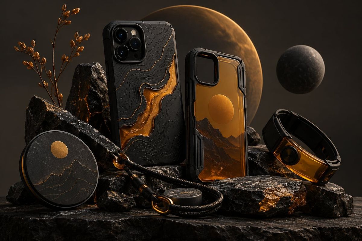 コジマプロダクションCASETiFY発表を説明する撮影スタジオに無地のスマホケースと抽象的な探検モチーフ