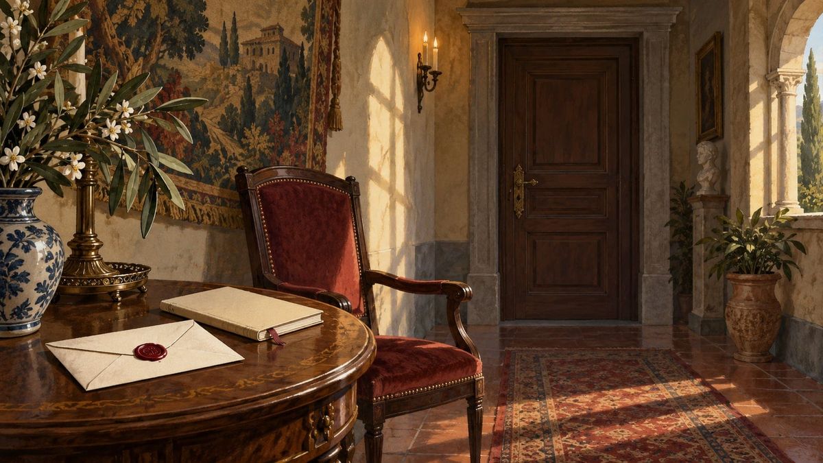 Porta chiusa, lettera e notebook nel corridoio di un palazzo, illustrazione sul segreto di Maria in La Promessa del 5 ottobre.