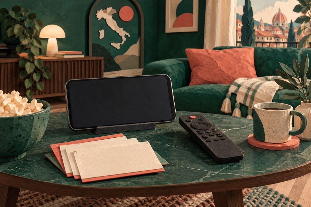 Smartphone con schermo vuoto, telecomando e schede degli episodi, illustrazione per My Sweet Lie su Mediaset Infinity il 2 ottobre.