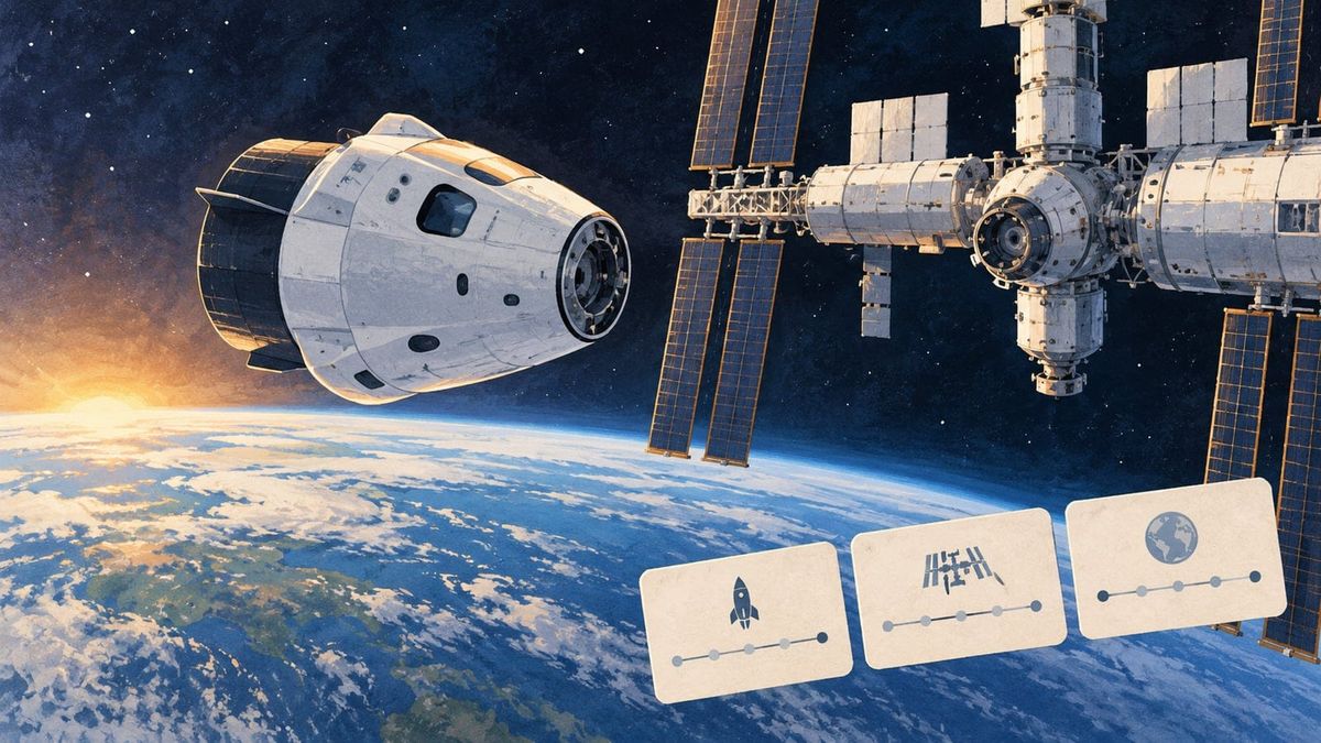Crew capsule beside an orbital station above Earth, with blank mission timeline cards, illustrating the Crew-12 departure target.