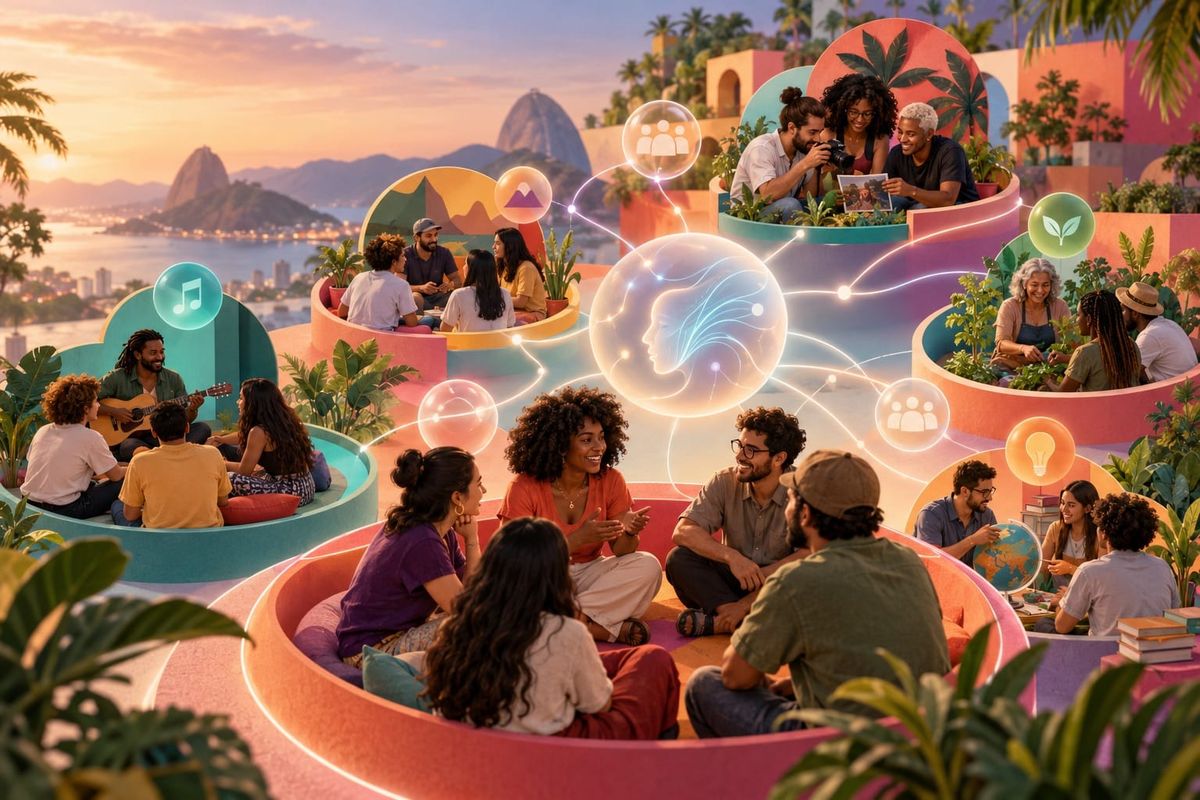 Um creator e grupos brasileiros na nova rede social Orkut em 2026, reunidos em círculos de comunidade com conexões luminosas