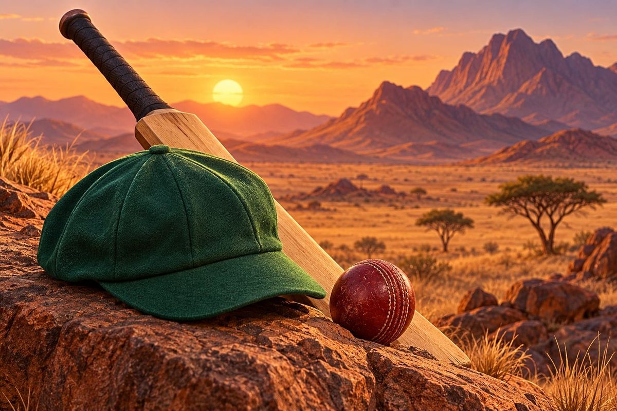 An Ireland Namibia ODI-tour briefing studio with a generic green cricket cap, bat and desert-ground backdrop