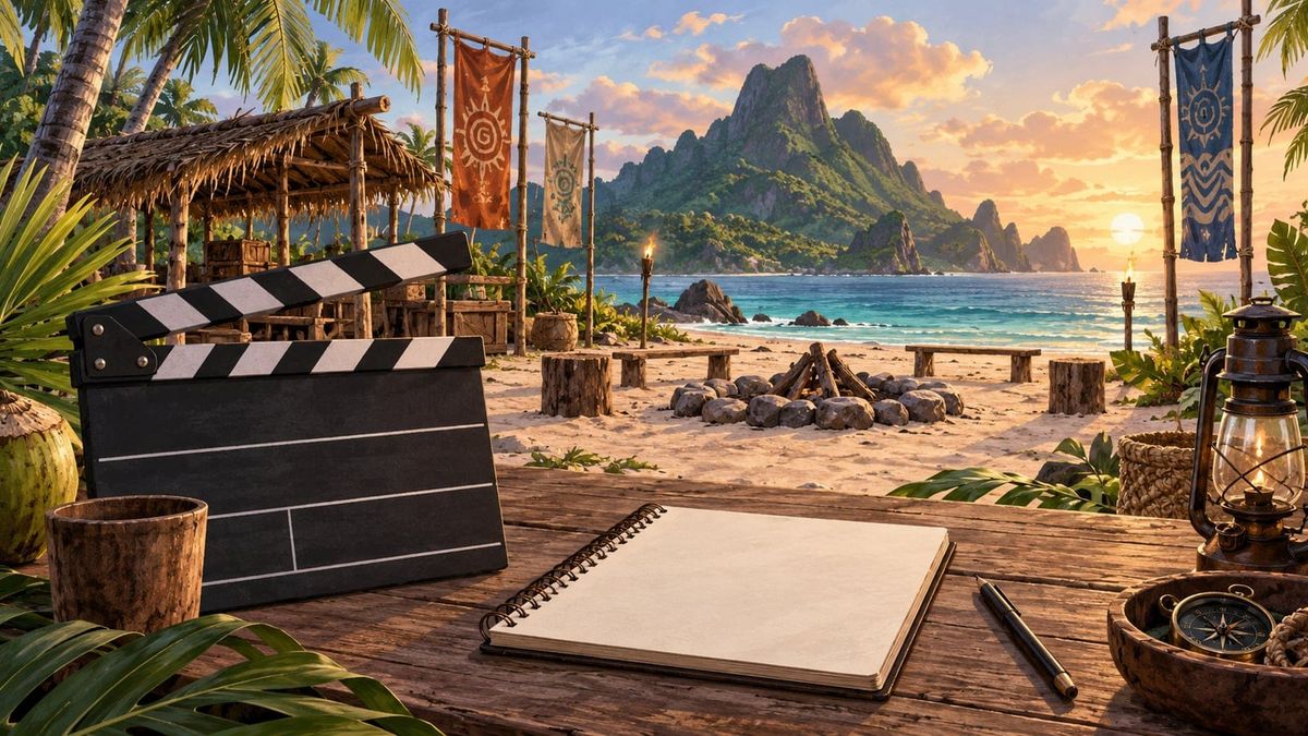 Claqueta y cuaderno de estrategia sobre una mesa en una isla, ilustración del proyecto Plex: Última partida de Netflix.