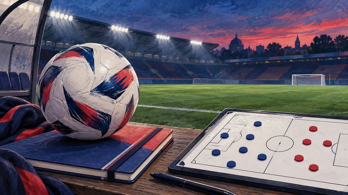 Ballon, carnet bleu et rouge et tableau tactique près d'un terrain vide, illustration du PSG féminin et du 3–1 à Fleury.