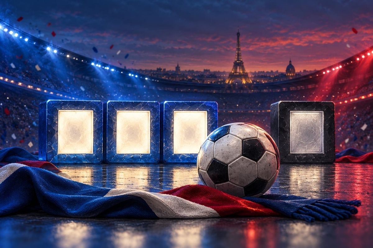 Illustration du PSG contre Le Mans avec ballon, trois blocs lumineux contre un dans un stade bleu et rouge, sans logos ni joueurs