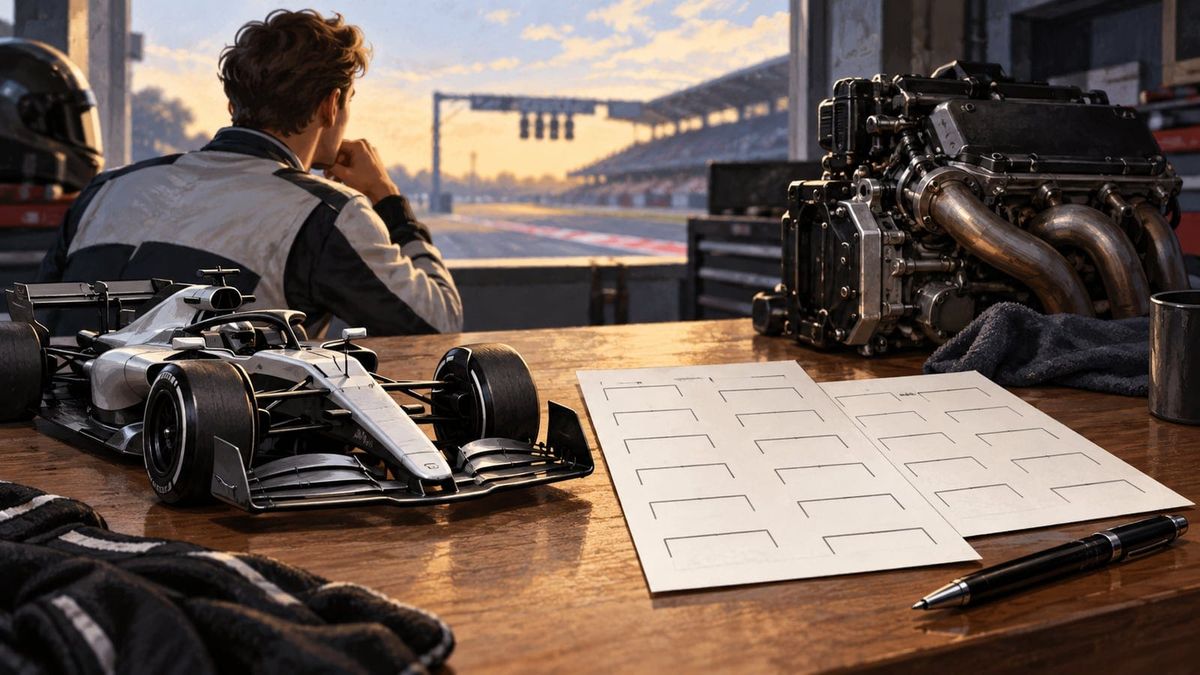 A Russell Singapore grid-penalty briefing studio with a generic racing model, blank grid cards and an anonymous engineer figure