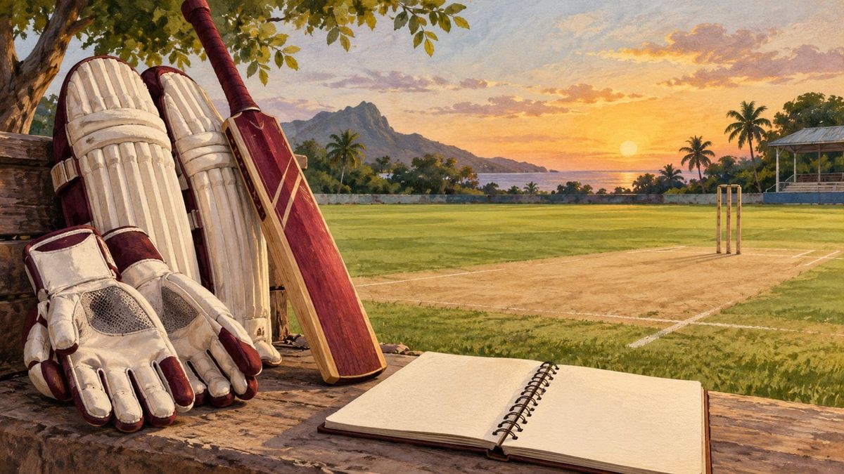 Wicketkeeping gloves, pads, maroon bat and a partnership notebook, illustrating Shai Hope’s leadership and unbeaten 162.