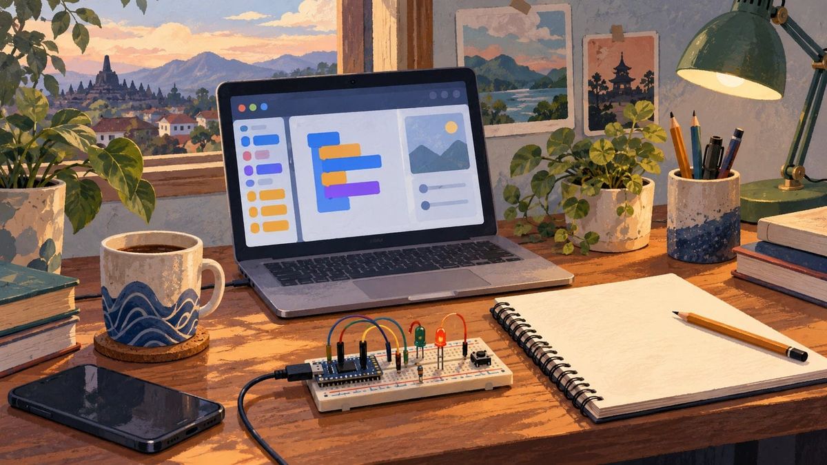 Laptop, rangkaian elektronik dan notebook proyek di meja belajar, ilustrasi SIC Batch 8 untuk 6.000 peserta coding.