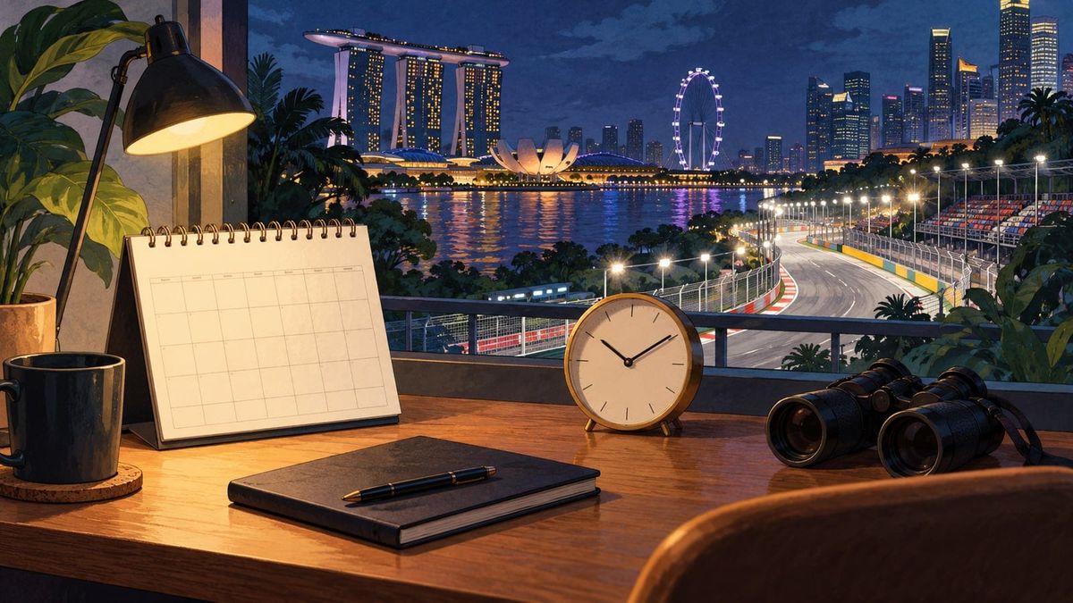 A Singapore F1 timetable planning desk with blank calendar, clock, phone and a stylised Marina Bay night-race backdrop