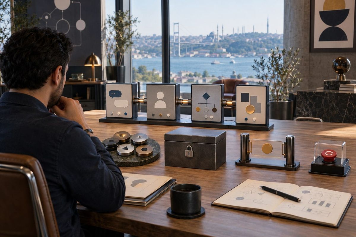 İstanbul operasyon odasında SkyStudio 2.0 AI agent workflow kontrol modülleri, veri kasası, onay kapısı ve geri alma düğmesini inceleyen ekip lideri