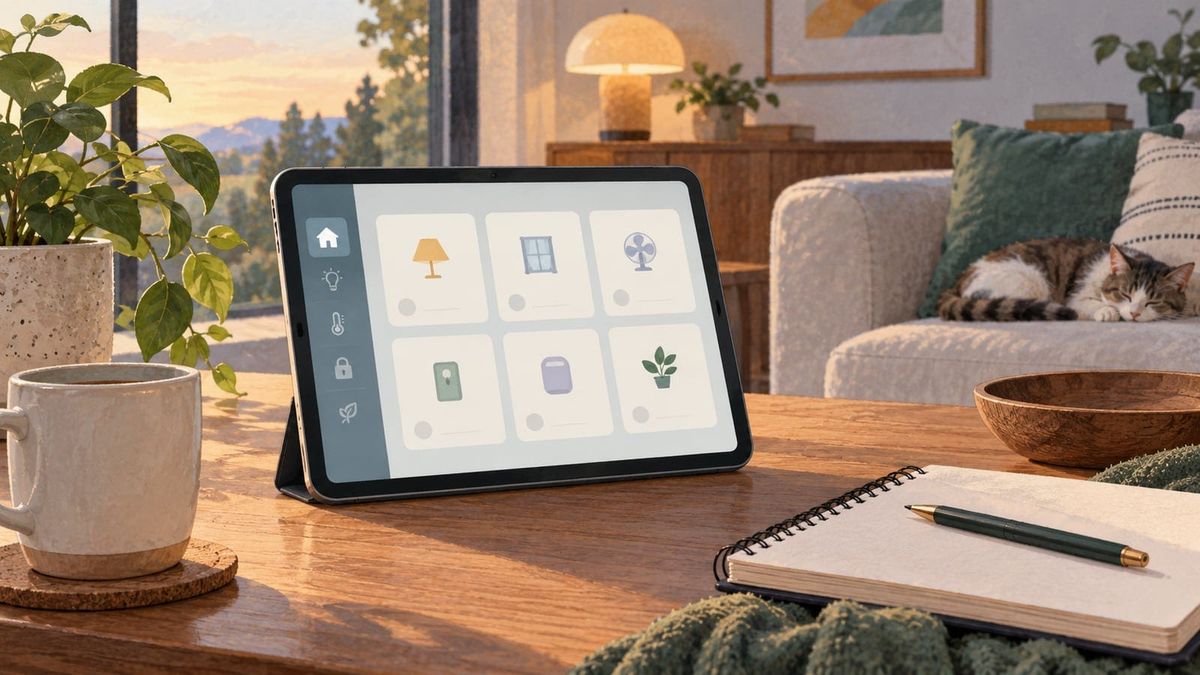 Une scène de studio SmartThings Now avec un écran de cartes domotiques génériques, un carnet et des appareils sans marque