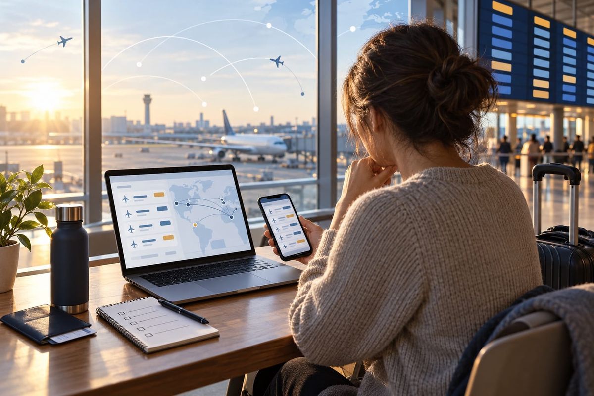 Southwest ChatGPT plugin flight-search checklist on a laptop and phone beside a carry-on bag at an airport window
