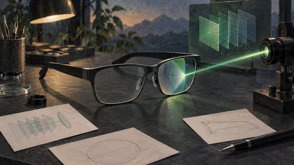 Smartbrille mit transparenter Linse und grünem Lichtstrahl im Studio, Illustration zum 150-nm-Spiegel und TDK-Prototyp.