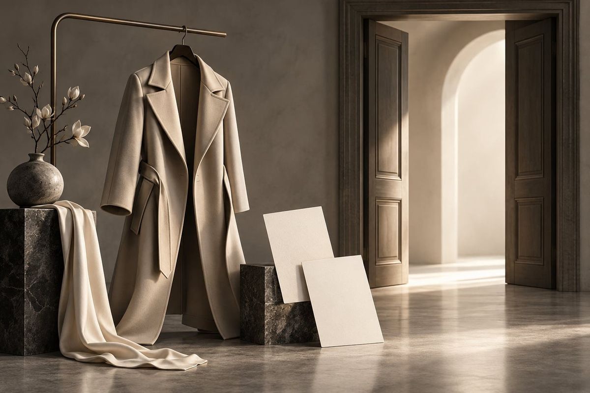 Uno studio per la transizione Saint Laurent con cappotto generico, porta e due carte di direzione creativa vuote