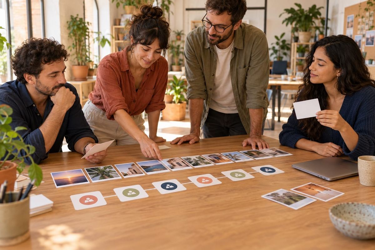 VeinteSocial Social Media 2026: mesa con cuatro creadores, tarjetas cronológicas y una invitación para la checklist de ocho pasos en España