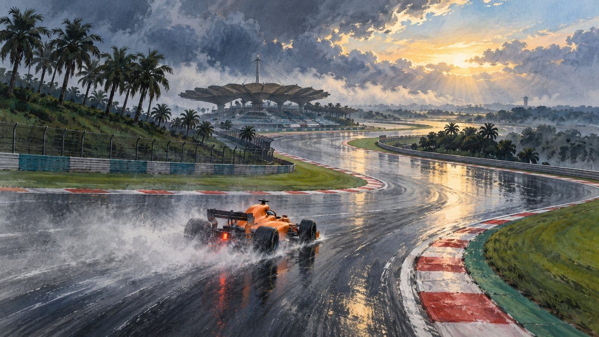 Oranje raceauto op een nat circuit met opspattend water, een racing scene bij de regenzege van Verstappen in Sepang.