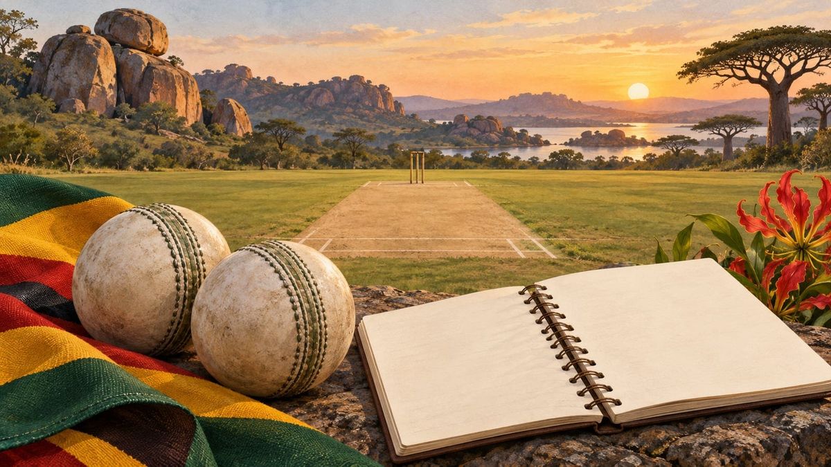 A Zimbabwe cricket-tour report workspace with two generic balls, a notebook and coloured fabric beside a pitch