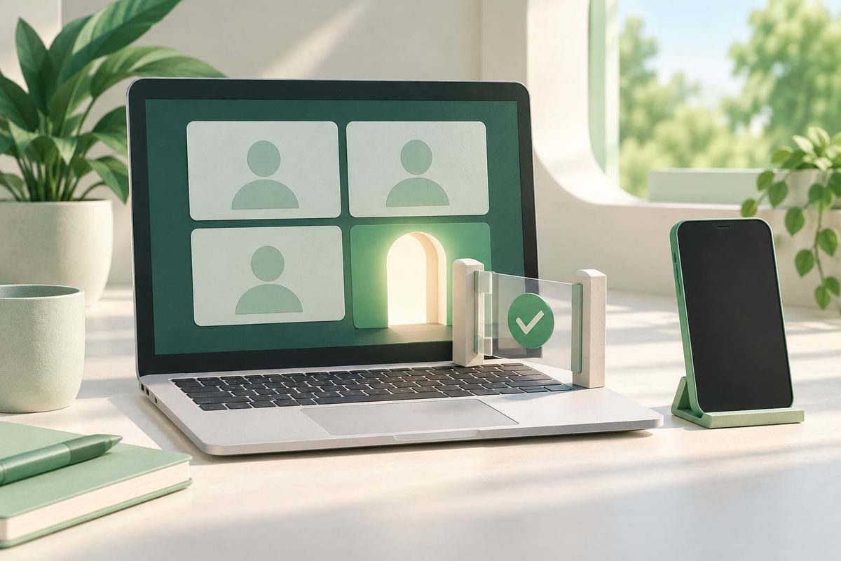 Symbolic laptop video grid beside an unbranded phone and a small approval gate, illustrating a hosted guest call rather than the WhatsApp interface