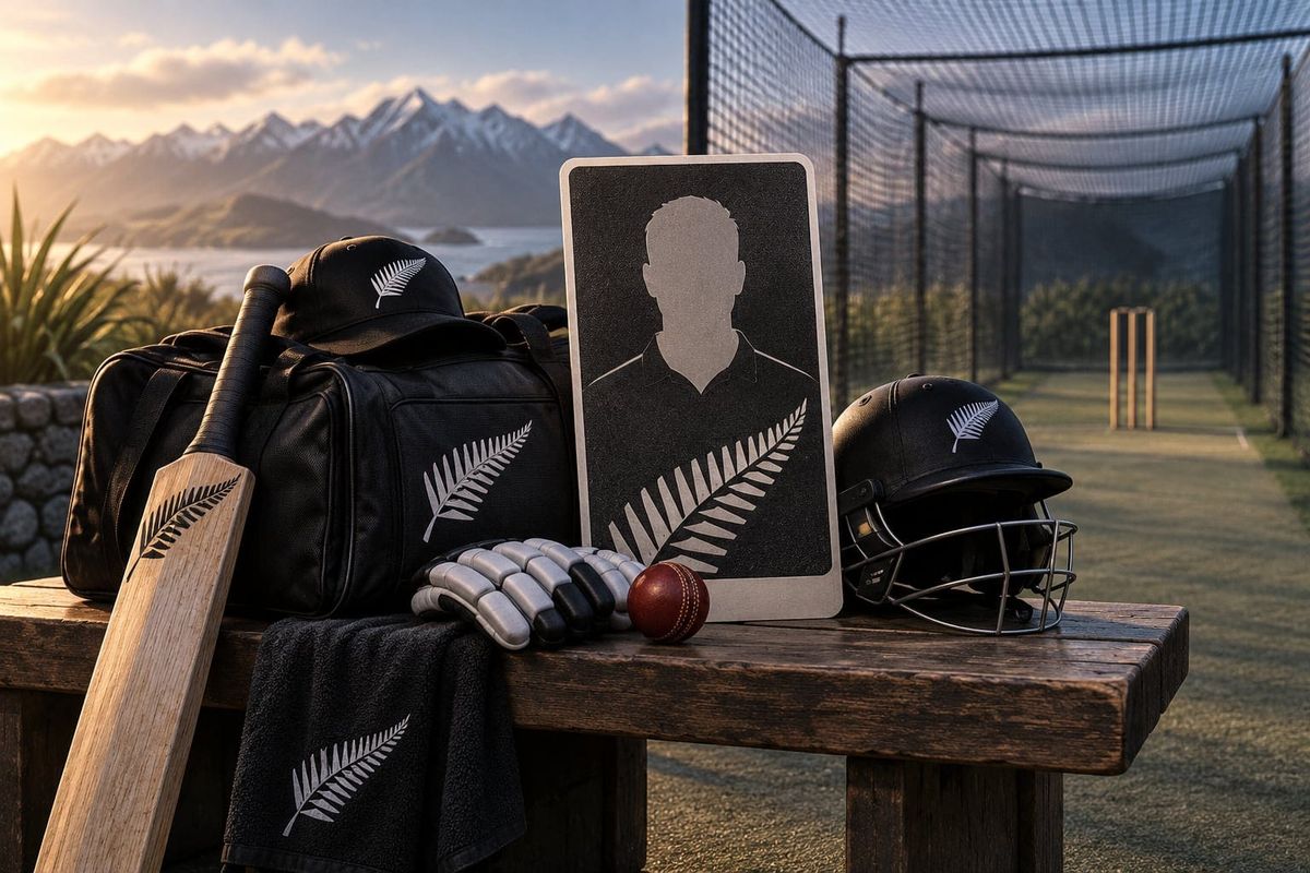 An O'Rourke tour-absence briefing studio with generic New Zealand cricket kit, empty player card and training net