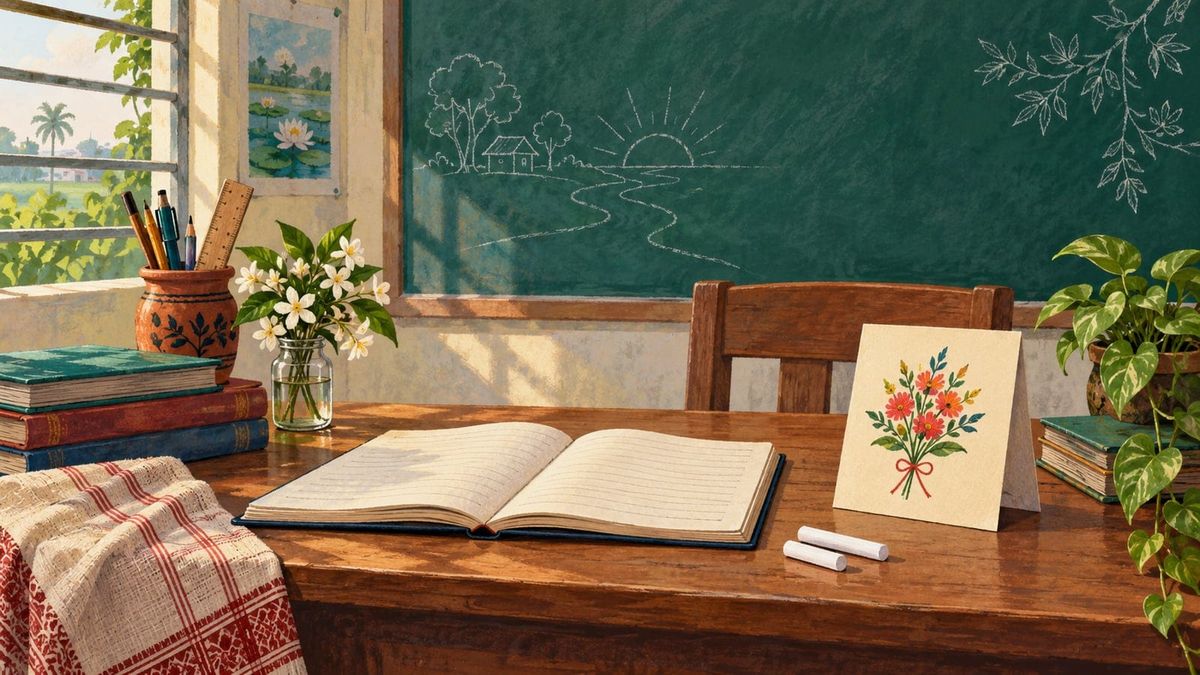 খোলা খাতা, চক ও ধন্যবাদ কার্ডসহ শিক্ষক desk, বাংলাদেশের বিশ্ব শিক্ষক দিবস ও স্বীকৃতির পরিকল্পনার সম্পাদকীয় চিত্র।