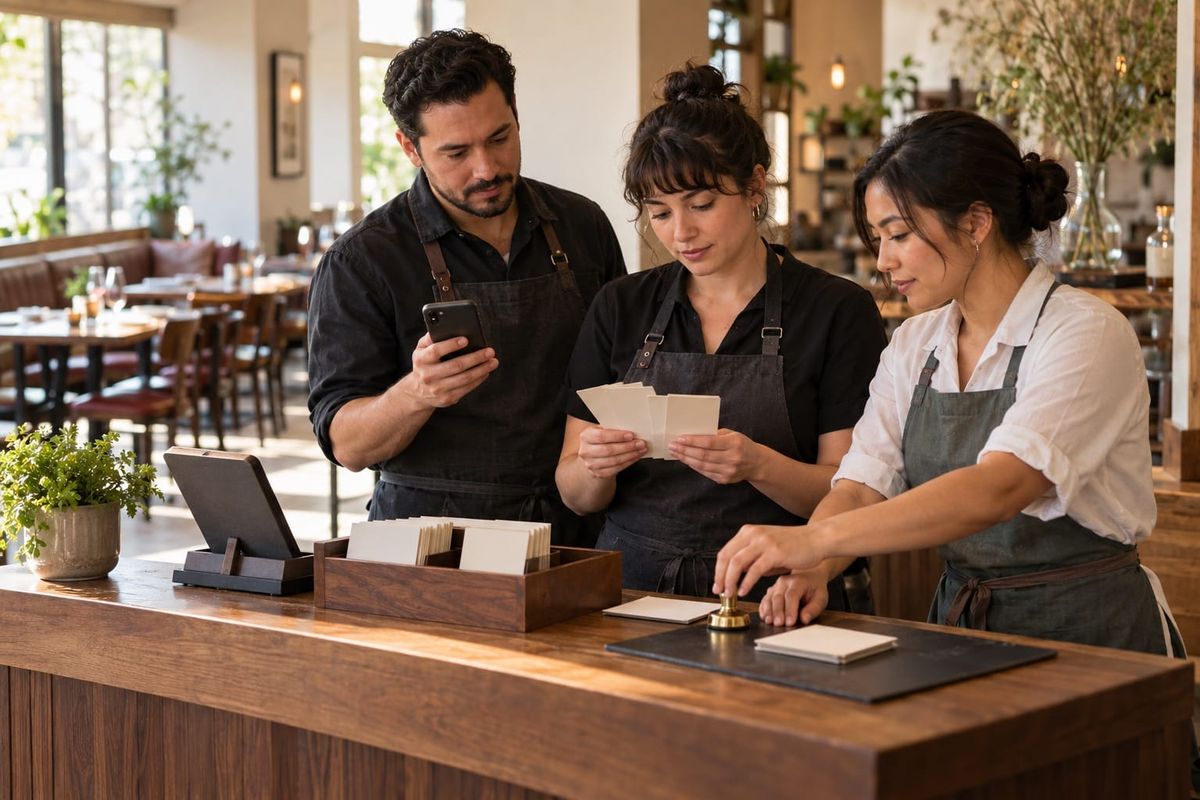 Restaurant team at a host stand checking a Yelp Check for Me voice AI customer call on an unbranded smartphone