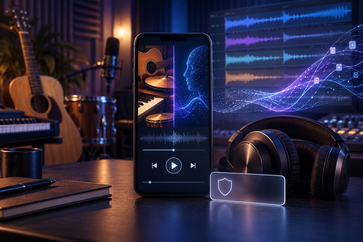 YouTube Music AI labels represented by an unbranded player, studio instruments, headphones, audio waveforms and a blank disclosure badge