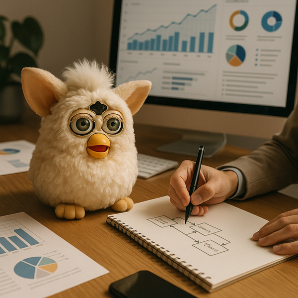 Colorful Furby toys arranged around a smartphone showing social media dashboards