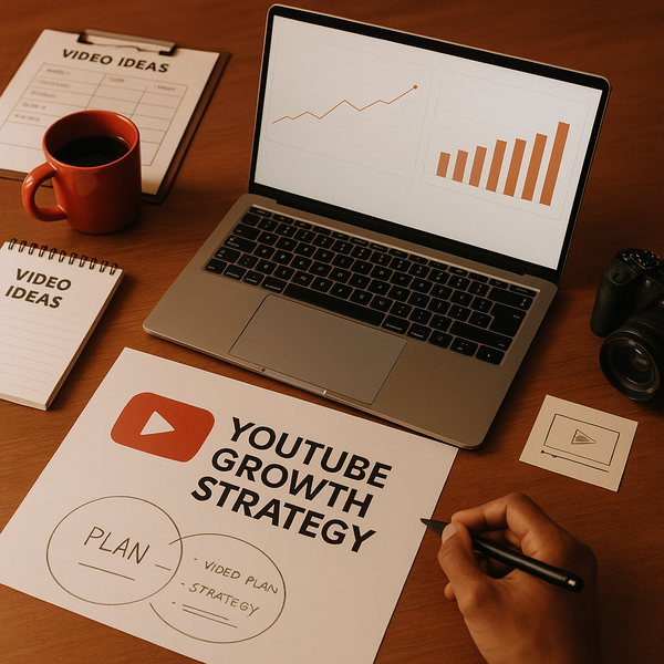 Creator bekijkt YouTube-analytics, thumbnails en groeimetrics op een laptopdashboard
