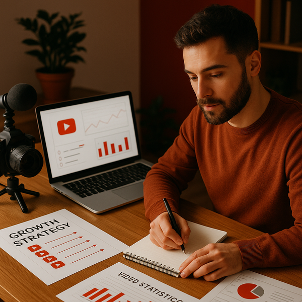 Creator analysiert YouTube-Analytics, Thumbnails und Wachstumskennzahlen auf einem Laptop-Dashboard