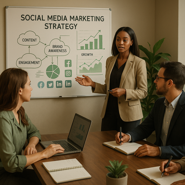 Team coordinating a social media plan on screens and notebooks