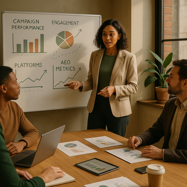 Marketeer die AEO-metrics bekijkt op een dashboard voor social media en zoekzichtbaarheid in 2026.