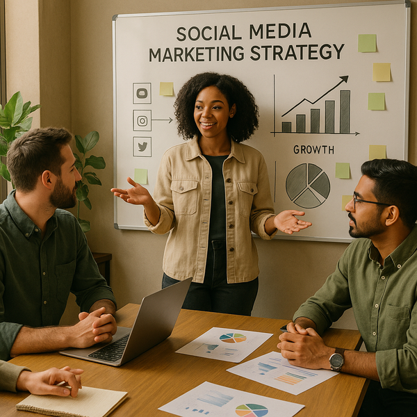 Marketer reviewing AEO metrics on a dashboard for social media and search visibility in 2026.